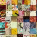 a 4x4 grid of colorful patchwork cloth pieces each has a portrait stitched in black thread