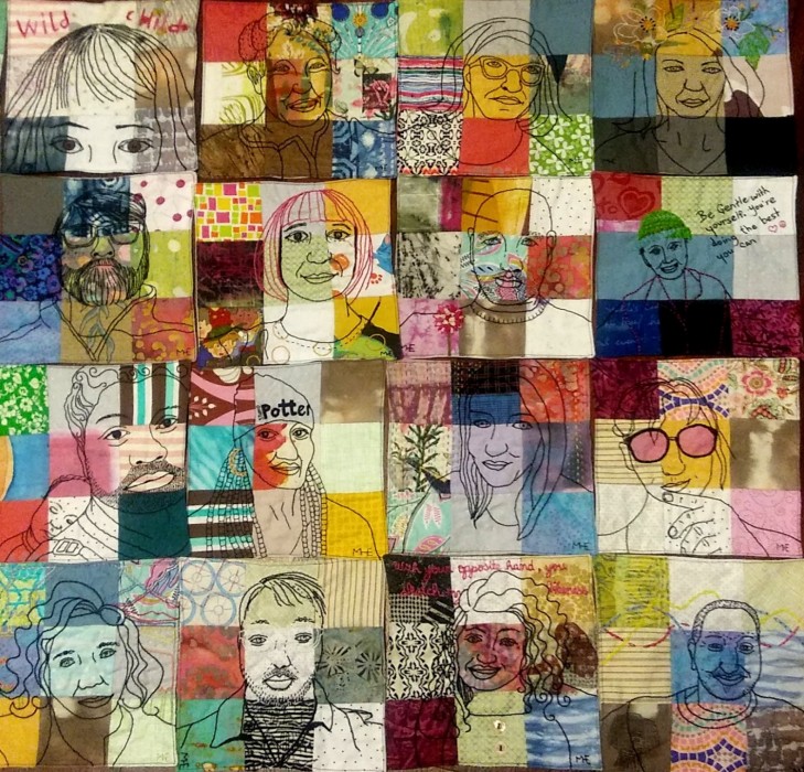 a 4x4 grid of colorful patchwork cloth pieces each has a portrait stitched in black thread